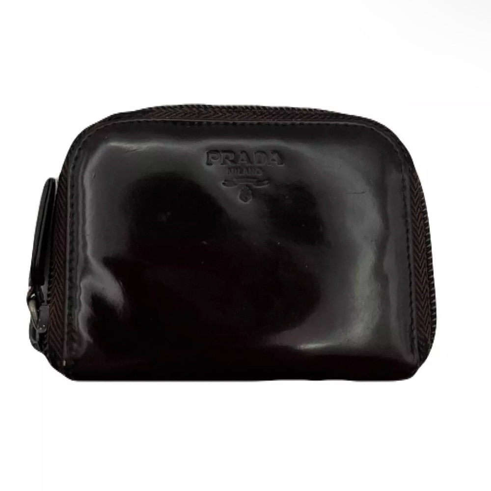 AUTH Prada Zip Card Coin Wallet Patent Leather Brown